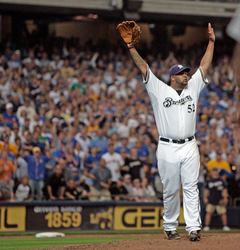 Milwaukee Brewers pitcher CC Sabathia celebrates after beating the Chicago Cubs at Miller Park on Sept. 28, 2008.
