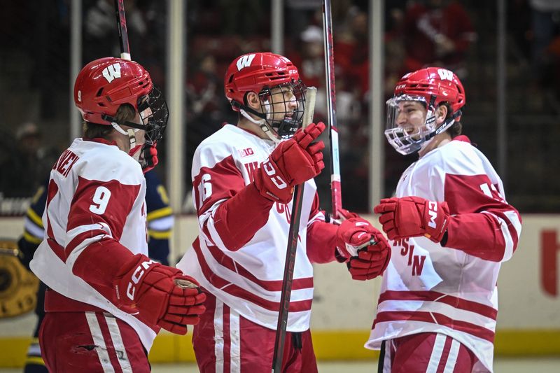 Wisconsin Badgers right wing Kyle Kukkonen (9) and center Christian Fitzgerald (13) congratulate Wisconsin Badgers left wing Tyson Dyck (16) after his goal against the Michigan Wolverines in the first period of a game Saturday, January 25, 2025, at the Kohl Center in Madison, Wisconsin.