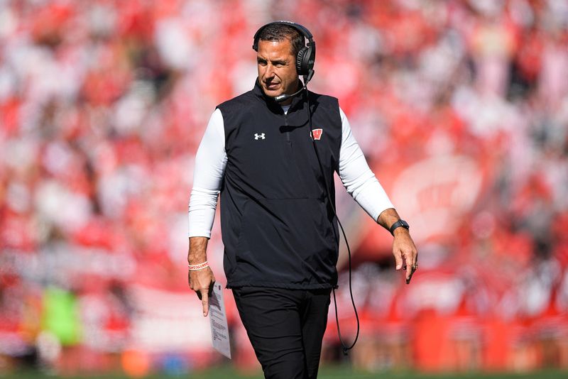 Oct 7, 2023; Madison, Wisconsin, USA; Wisconsin Badgers head coach Luke Fickell looks on during the fourth quarter against the Rutgers Scarlet Knights at Camp Randall Stadium. Mandatory Credit: Jeff Hanisch-USA TODAY Sports
