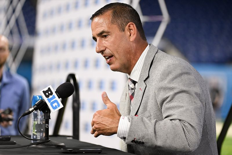 Jul 23, 2024; Indianapolis, IN, USA; Wisconsin Badgers head coach Luke Fickell speaks to the media during the Big 10 football media day at Lucas Oil Stadium. Mandatory Credit: Robert Goddin-USA TODAY Sports