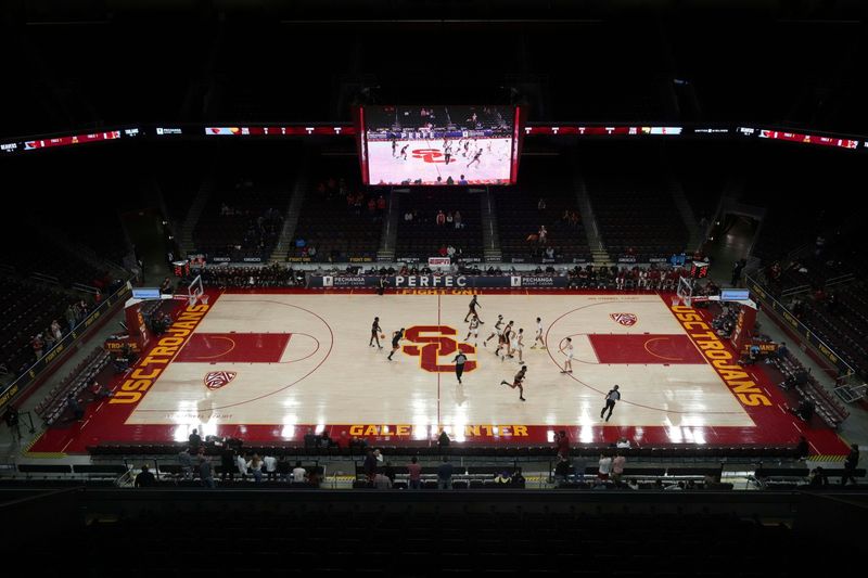 Jan 13, 2022; Los Angeles, California, USA; A general overall view of an empty Galen Center closed to the general public amid the global coronavirus COVID-19 pandemic during an NCAA basketball game between the Southern California Trojans and the Oregon State Beavers. USC defeated OSU 81-71. Mandatory Credit: Kirby Lee-USA TODAY Sports