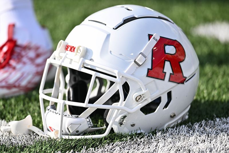Nov 11, 2023; Iowa City, Iowa, USA; A Rutgers Scarlet Knights helmet sits on the turf at Kinnick Stadium before the game against the Iowa Hawkeyes. Mandatory Credit: Jeffrey Becker-USA TODAY Sports