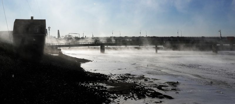 The locktender's house along the De Pere Riverwalk during extremely cold temperatures on January 21, 2025, in De Pere, Wis.