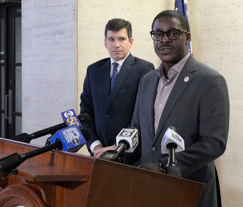 Milwaukee County Executive David Crowley (center) speaks as Milwaukee County District Attorney Kent Lovern listens in the Milwaukee County Courthouse Complex before touring the Public Safety Building in Milwaukee on Monday, Feb. 3, 2025.
