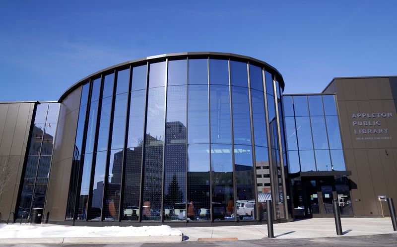 The south facade of the newly renovated Appleton Public Library features a glass pavilion.