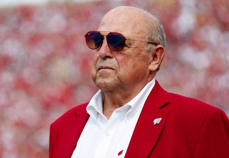 Oct 2, 2021; Madison, Wisconsin, USA; Former Wisconsin Badgers athletic director and football head coach Barry Alvarez looks on during the second quarter against the Michigan Wolverines at Camp Randall Stadium. Mandatory Credit: Jeff Hanisch-USA TODAY Sports