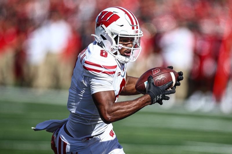 Oct 12, 2024; Piscataway, New Jersey, USA; Wisconsin Badgers wide receiver Vinny Anthony II (8) catches the ball during the second half against the Rutgers Scarlet Knights at SHI Stadium. Mandatory Credit: Vincent Carchietta-Imagn Images