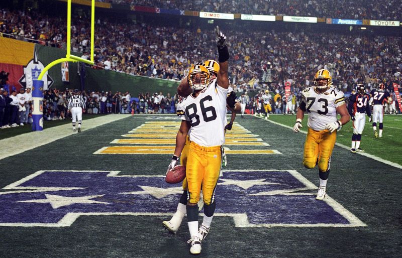 Jan 25, 1998; San Diego, CA, USA; FILE PHOTO; Green Bay Packers receiver Antonio Freeman (86) reacts in the end zone against the Denver Broncos during Super Bowl XXXII at Qualcomm Stadium. The Broncos defeated the Packers 31-24. Mandatory Credit: RVR Photos-USA TODAY Sports