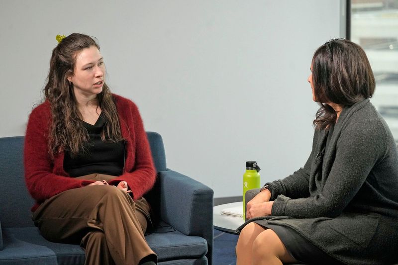 Milwaukee Journal Sentinel reporter Rory Linnane, left, interviews the new Milwaukee Public School Superintendent, Brenda Cassellius, right, on Wednesday, Feb. 19, 2025, at the Journal Sentinel offices. Angela Peterson/Milwaukee Journal Sentinel