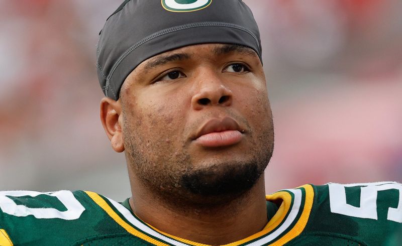 Sep 25, 2022; Tampa, Florida, USA; Green Bay Packers guard Zach Tom (50) against the Tampa Bay Buccaneers during the second half at Raymond James Stadium. Mandatory Credit: Kim Klement-USA TODAY Sports