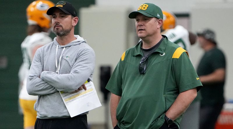 Green Bay Packers head coach Matt LaFleur, left, talks with general manager Brian Gutekunst during organized team activities Tuesday, May 23, 2023 in Green Bay, Wis.