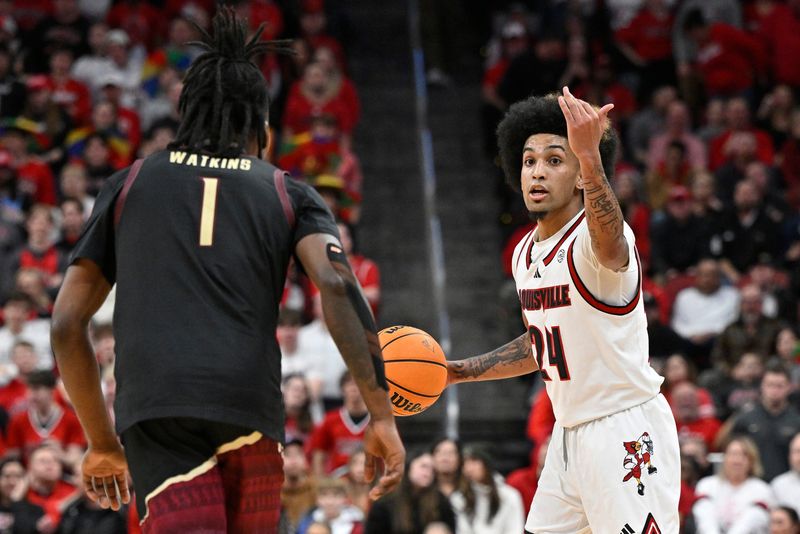 Feb 22, 2025; Louisville, Kentucky, USA; Louisville Cardinals guard Chucky Hepburn (24) calls a play while dribbling against Florida State Seminoles guard Jamir Watkins (1) during the second half at KFC Yum! Center. Louisville defeated Florida State 89-81. Mandatory Credit: Jamie Rhodes-Imagn Images