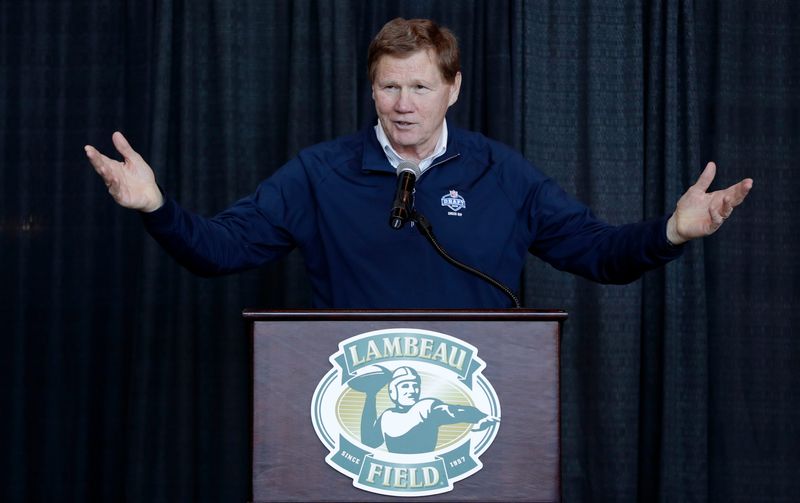 Green Bay Packers president and CEO Mark Murphy speaks during the Green Bay Packers FAN Hall of Fame ceremony on Feb. 17, 2025, at Lambeau Field in Green Bay, Wis.