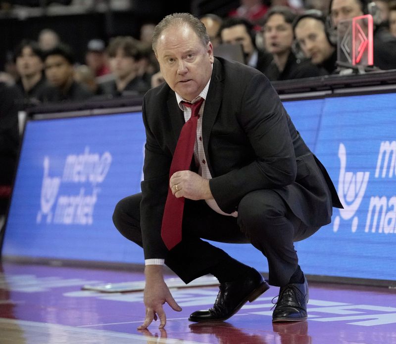 Wisconsin head coach Greg Gard is shown during the first half of their game against Washington Tuesday, February 25, 2025 at the Kohl Center in Madison, Wisconsin.