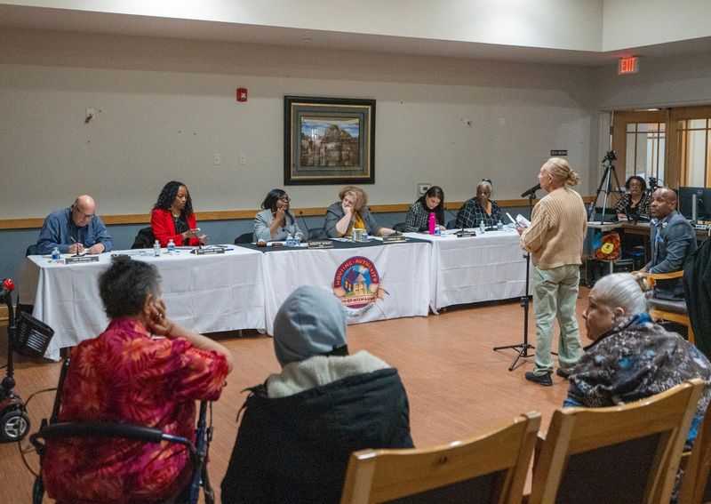 (Right) Carmen Morocho makes remarks to the Housing Authority of the City of Milwaukee during a listening session with residents on Wednesday February 26, 2025 at the Becher Court Apartments in Milwaukee, Wis.