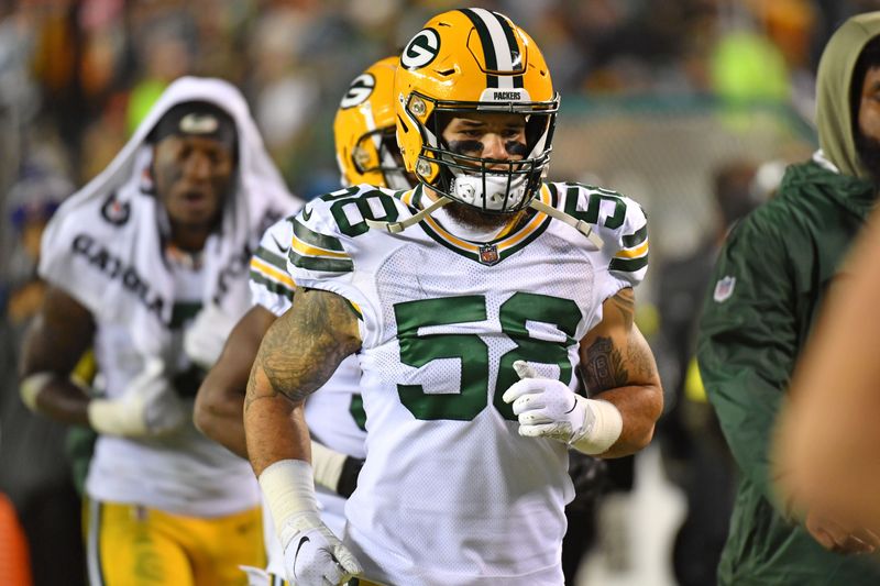 Nov 27, 2022; Philadelphia, Pennsylvania, USA; Green Bay Packers linebacker Isaiah McDuffie (58) walks off the field at halftime against the Philadelphia Eagles at Lincoln Financial Field. Mandatory Credit: Eric Hartline-USA TODAY Sports