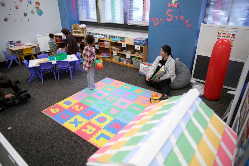 Briana Martinez, an education student, works in the Milwaukee Area Technical College’s new drop-in child care center at its downtown campus in Milwaukee on Tuesday, March 4, 2025.