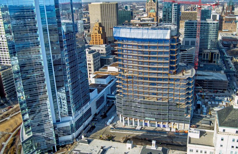 Work continues on Northwestern Mutual's downtown Milwaukee office tower project in Milwaukee on Wednesday, March 12, 2025. The tower redevelopment has passed a milestone: the topping off of the 18-story building.
