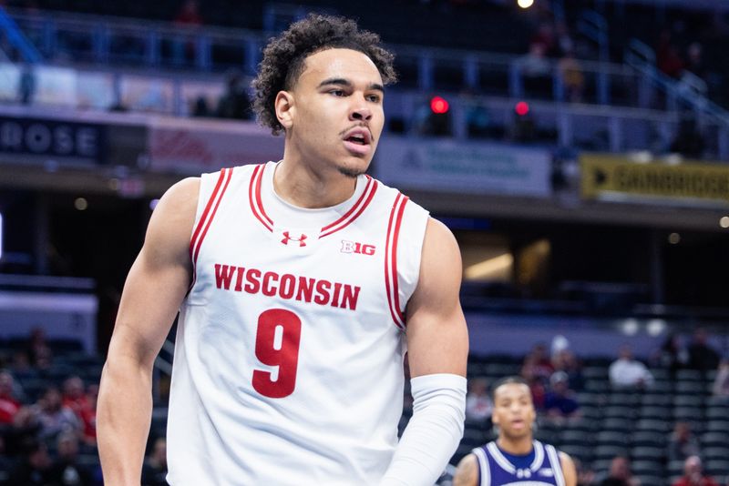 Mar 13, 2025; Indianapolis, IN, USA; Wisconsin Badgers guard John Tonje (9) celebrates a made basket in the second half against the Northwestern Wildcats at Gainbridge Fieldhouse on Thursday, March 13, 2025, during a Big Ten tournament second-round game.