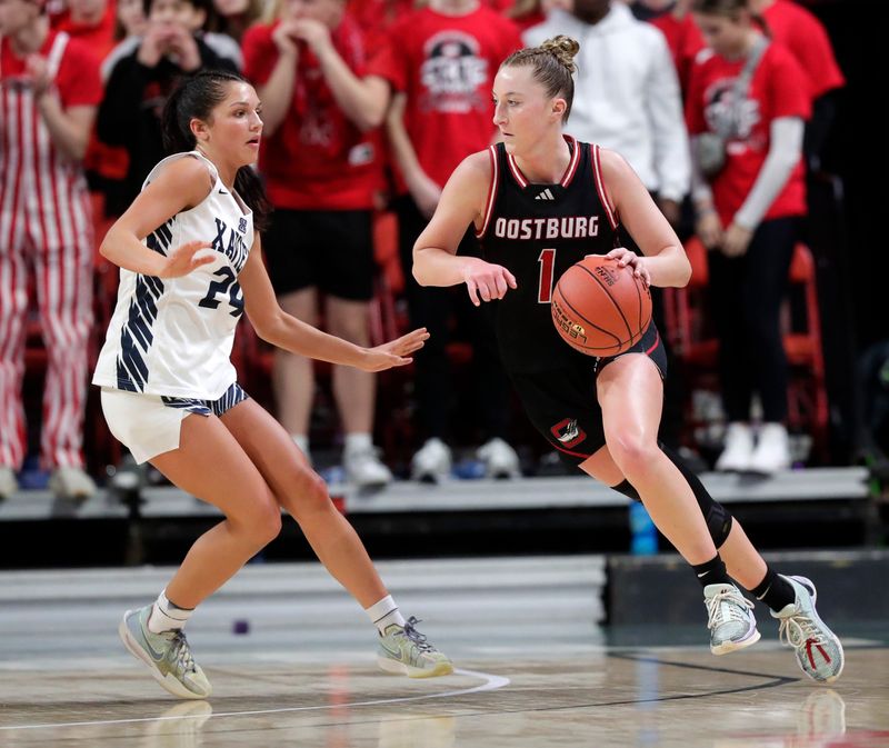 Oostburg High School's Riley Ketterhagen (1) against Xavier High School's Annika Heimann (24) during the WIAA Division 3 girls basketball state championship on March 15, 2025, at the Resch Center in Ashwaubenon, Wis.