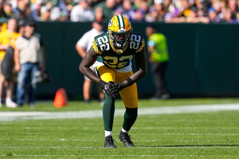 Sep 29, 2024; Green Bay, Wisconsin, USA; Green Bay Packers cornerback Robert Rochell (22) during the game against the Minnesota Vikings at Lambeau Field. Mandatory Credit: Jeff Hanisch-Imagn Images