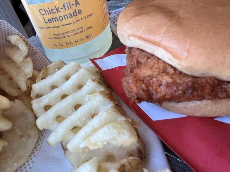 A Chick-fil-A chicken sandwich meal with waffle potato fries and a Chick-fil-A lemonade from the Chick-fil-A Tri-State Food Truck.
