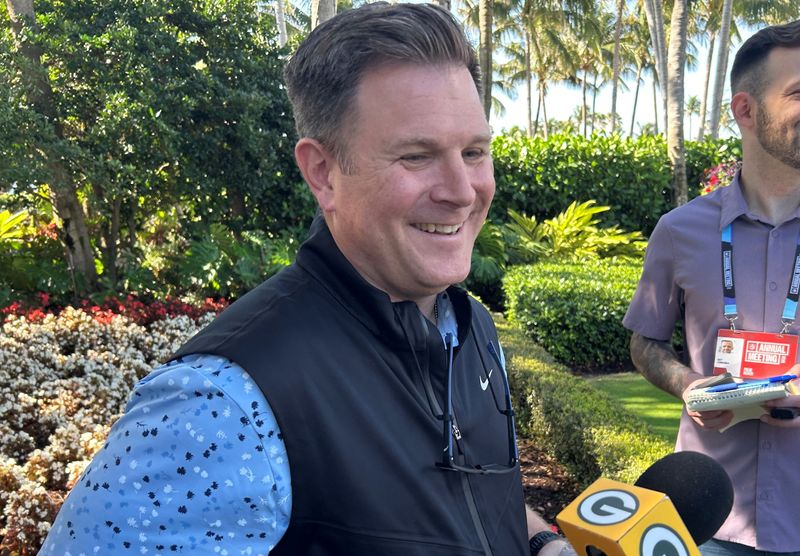 Green Bay Packers general manager Brian Gutekunst talks with reporters during the 2025 NFL owners meetings in Palm Beach, Florida.