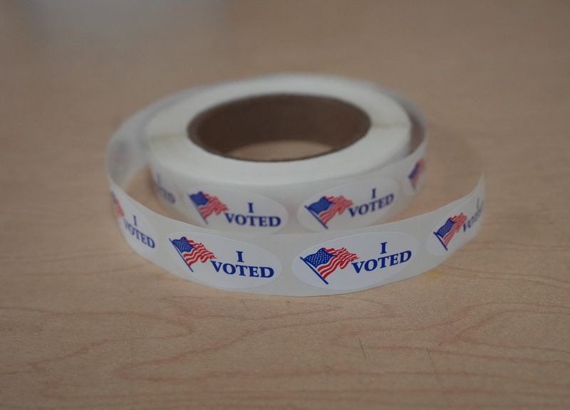 "I Voted" stickers are set out for residents voting in the spring election at the Schuetze Recreation Center polling location in Waukesha, WI. on Tuesday, April 1, 2025.