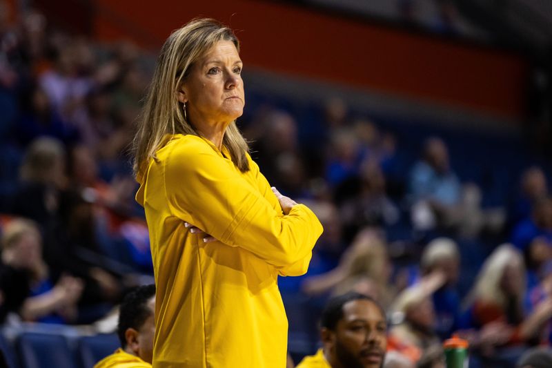 Missouri Tigers head coach Robin Pingeton looks on against the Florida Gators during the first half at Billy Donovan Court at Exactech Arena in Gainesville, FL on Thursday, February 22, 2024. [Matt Pendleton/Gainesville Sun]