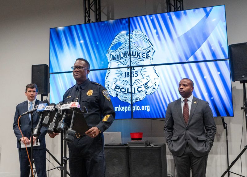 (Center) Milwaukee Police Chief Jeffrey B. Norman is joined by (left) Milwaukee County District Attorney Kent Lovern and (right) City of Milwaukee Mayor Cavalier Johnson as they address the 1st quarter crime data on Tuesday April 8, 2025 at Evolve Church in Milwaukee, Wis.