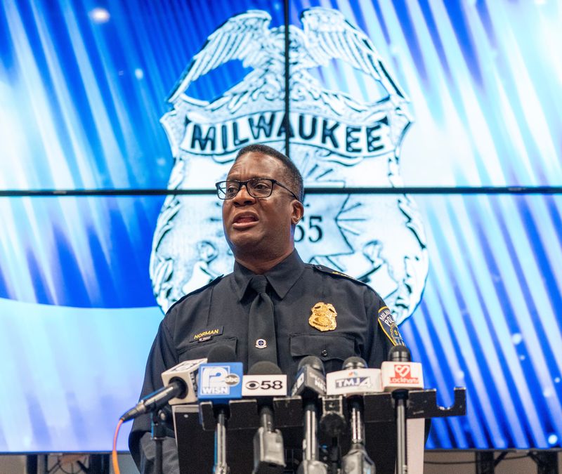 Milwaukee Police Chief Jeffrey B. Norman addresses the 1st quarter crime data, as he is joined by Milwaukee County District Attorney Kent Lovern and City of Milwaukee Mayor Cavalier Johnson, on Tuesday April 8, 2025 at Evolve Church in Milwaukee, Wis.
