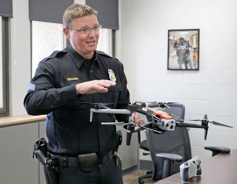 Sgt. Christopher Boss explains the Milwaukee Police Department’s drone at the Police Administration Building on West State Street in Milwaukee on Thursday, April 10, 2025. The drone will be used by the airborne assessment team which will be handling drone operations for the department.