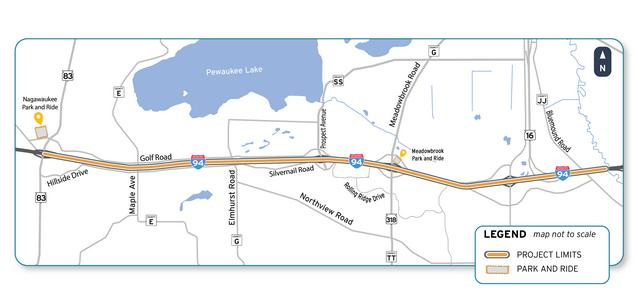 This map shows the stretch of Interstate 94 that has been part of a 2024-2025 resurfacing project in Waukesha County. Work to finish the project began again on April 14, 2025.