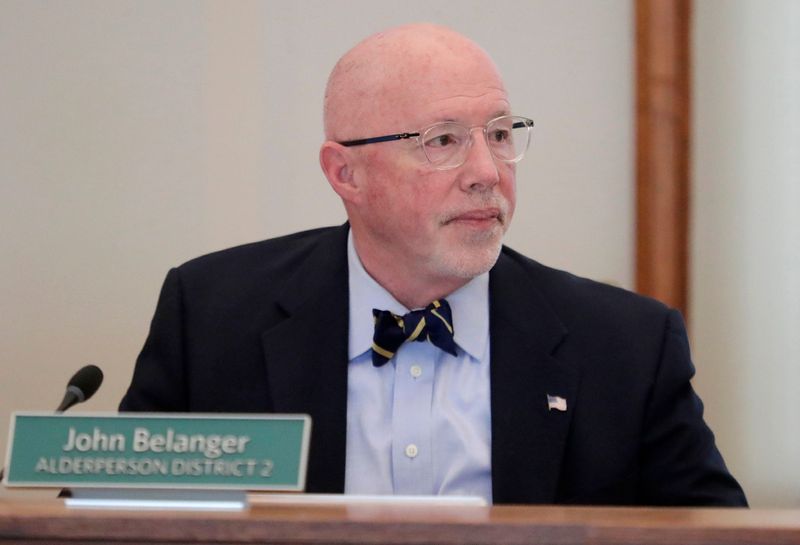 District 2 alderperson John Belanger listens to others at city hall April 15, 2025, at Sheboygan, Wis.