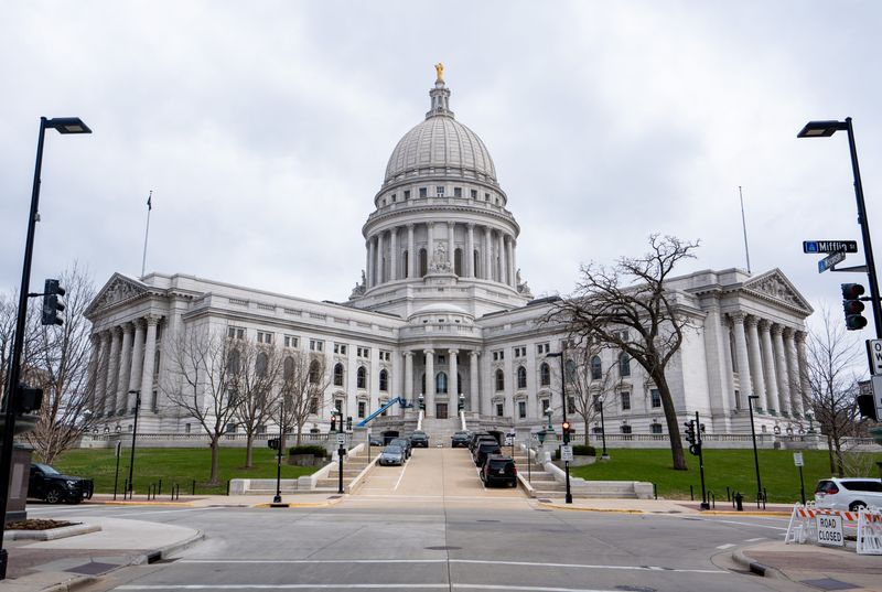 The Wisconsin State Capitol seen from the intersection of East Wisconsin Avenue and East Mifflin Street on April 17, 2025, in Madison.