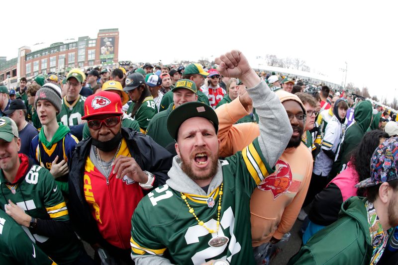 Green Bay Packers fan Kevin Gelper of Appleton is pumped up during the first day of the 2025 NFL Draft in Green Bay.