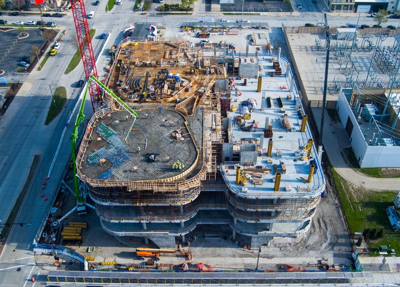 Construction continues on the new Milwaukee Public Museum on the northeast corner of Sixth and McKinley streets in Milwaukee on Monday, April 28, 2025. Crews were working to pour concrete for the fifth and final floor of the building. The Museum is set to open in early 2027.