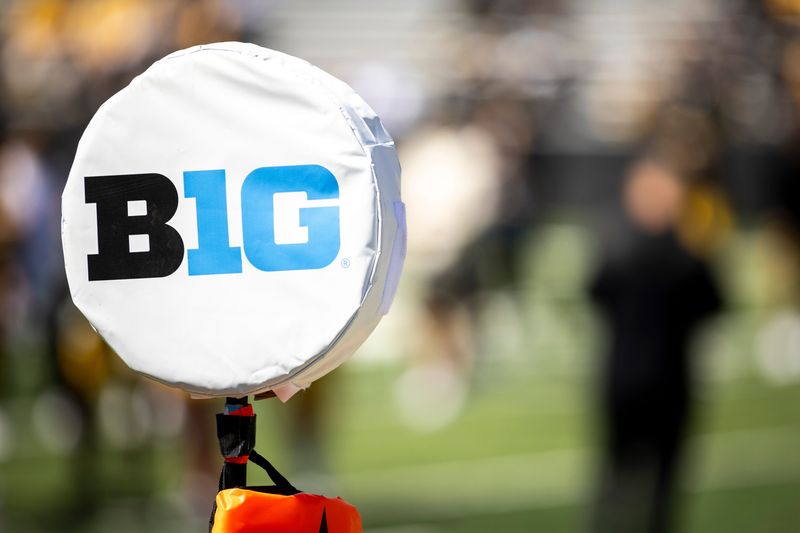 Apr 26, 2025; Iowa City, IA, USA; A detail view of a logo for the Big Ten Conference is seen during a spring NCAA football open practice at Kinnick Stadium. Mandatory Credit: Joseph Cress/For the Register