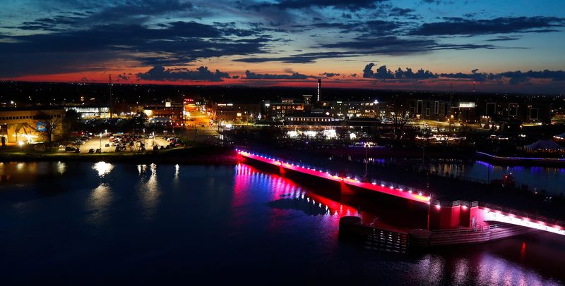 The Ray Nitschke Memorial Bridge and west side of the downtown area are pictured on the night before the NFL draft in Green Bay.