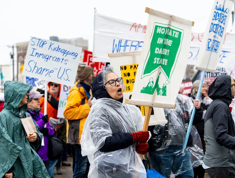 People march up S 6th st as part of Voces de la Frontera’s May Day March, A Day Without Immigrants and Workers, on Thursday May 1, 2025 in Milwaukee, Wis.