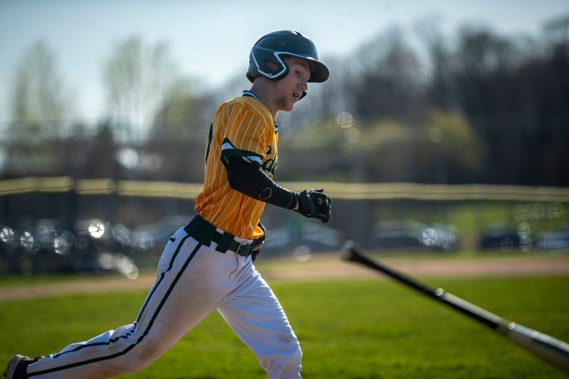 Edgar Brock Mauer (4) throws the bat as he runs for first during a conference baseball game at Tiger Stadium in Stratford, Wisconsin on Tuesday, May 6, 2025. Stratford won 2-0.