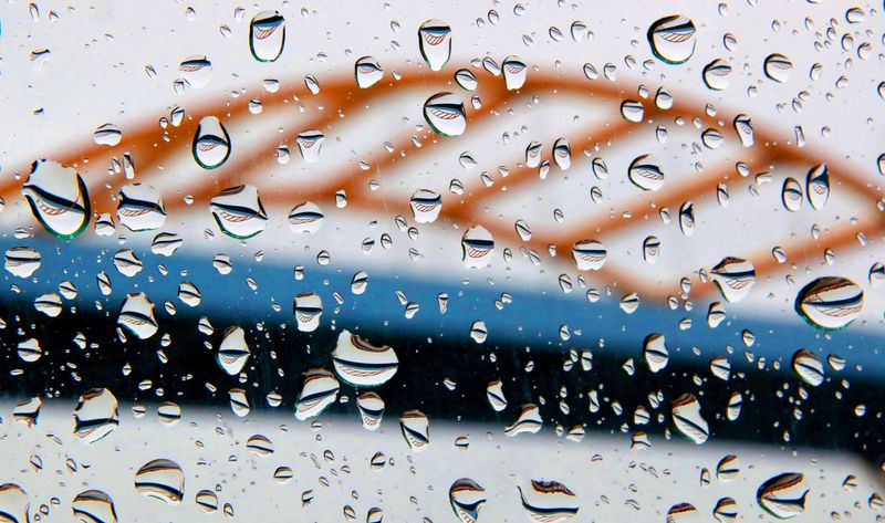 The Hoan Bridge is reflected in drops of water in Milwaukee, Wisconsin.