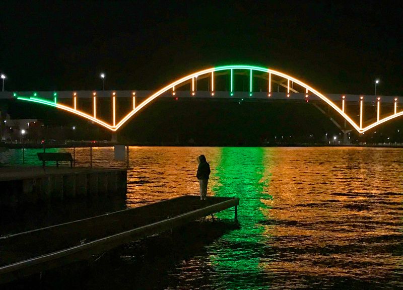 The Hoan Bridge is lit in Milwaukee, Wisconsin, after thousands of LED lights were installed on the west side of the bridge.