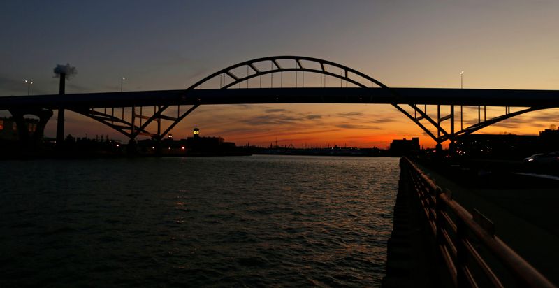 The sun sets over the Hoan Bridge in Milwaukee, Wisconsin.