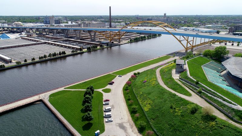 The Hoan Bridge and the wastewater treatment system at Veolia Water Milwaukee, contracted by the Milwaukee Metropolitan Sewerage District (MMSD), on Jones Island in Milwaukee on Monday, June 3, 2019. Photo by Mike De Sisti and Jim Nelson/Milwaukee Journal Sentinel ORG XMIT: DBY1