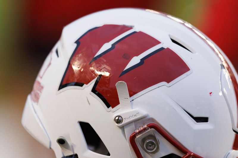 Oct 14, 2023; Madison, Wisconsin, USA; General view of a Wisconsin Badgers helmet during the game against the Iowa Hawkeyes at Camp Randall Stadium. Mandatory Credit: Jeff Hanisch-USA TODAY Sports
