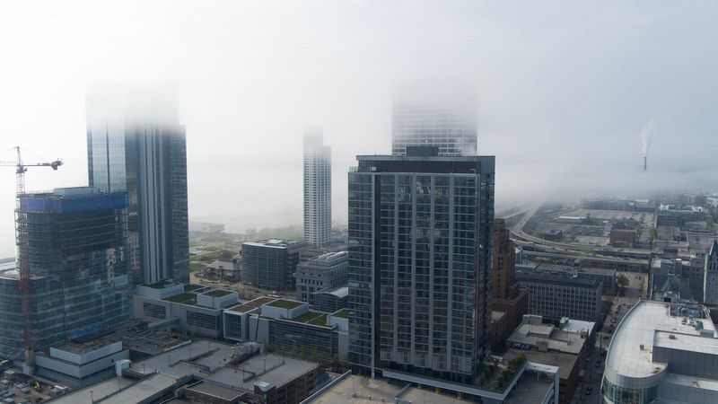 Fog settles over downtown Milwaukee on May 14, 2025.