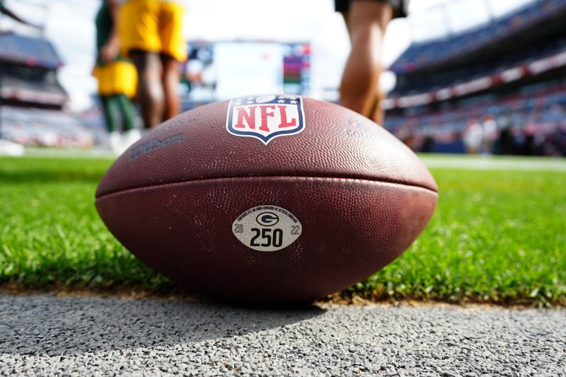 Aug 18, 2024; Denver, Colorado, USA; Detailed view of a Green Bay Packers practice football before the preseason game against the Denver Broncos at Empower Field at Mile High. Mandatory Credit: Ron Chenoy-USA TODAY Sports