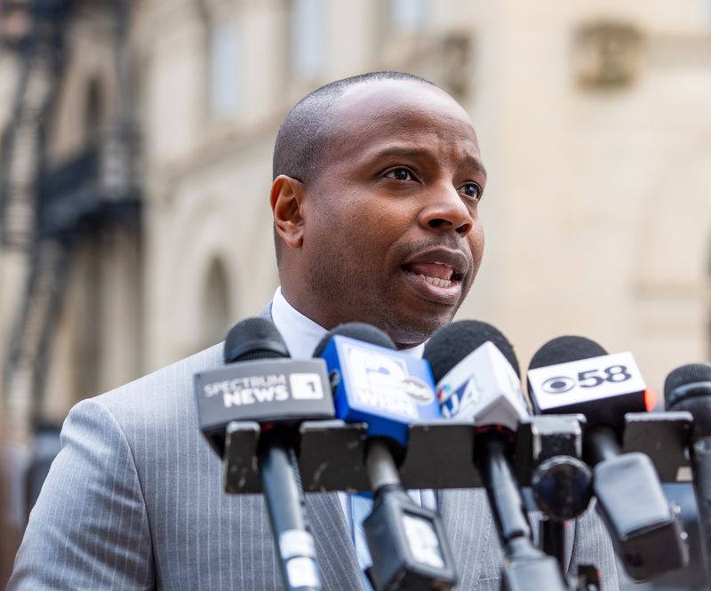 Milwaukee Mayor Cavalier Johnson speaks at a press conference regarding the emergency call to the Zeidler Municipal Building on Thursday May 15, 2025 in Milwaukee, Wis.