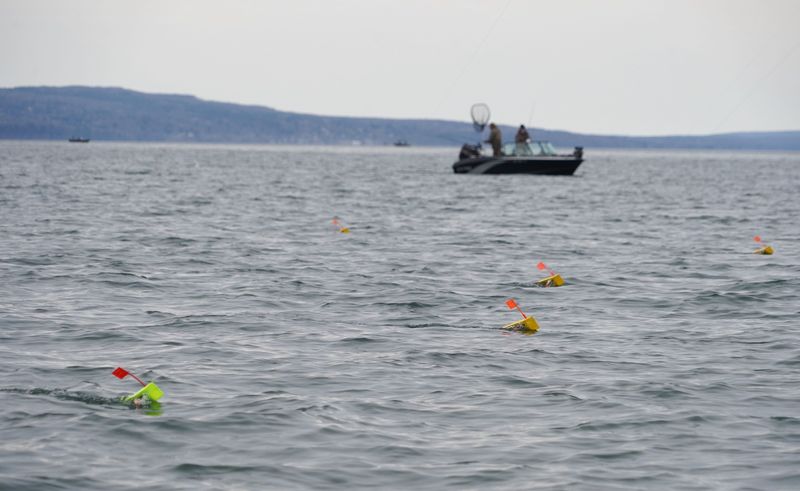 Planer boards separate trolled lines in the foreground while boats fish in the background May 1, 2025 on Chequamegon Bay near Washburn.